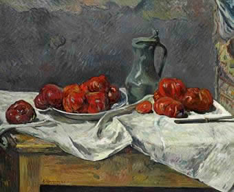 Tomatoes and a pewter tankard on a table. Paul Gauguin 