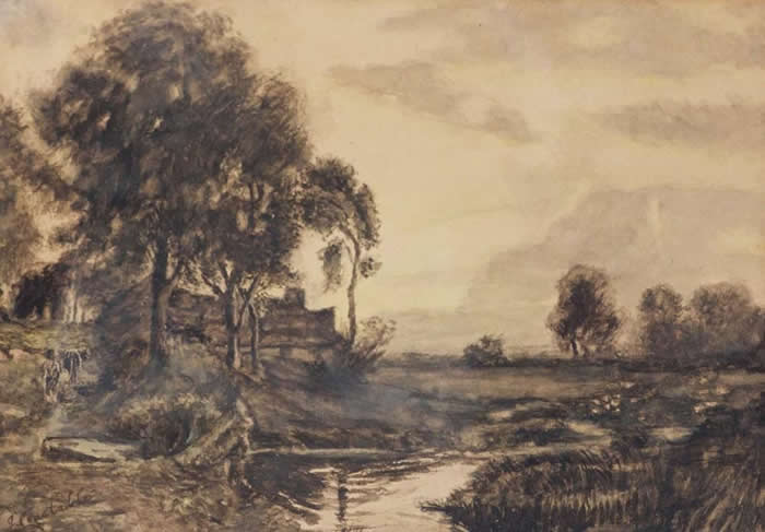 Watercolour on paper titled Farm House Near the River, attributed to John Constable