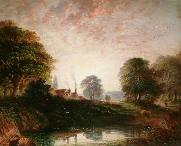 Oil painting of a country landscape at sunset, with signature 'John Constable'
