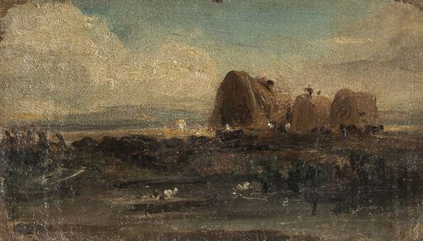 Oil on canvas painting of cattle in a river by a follower of John Constable, bearing a signature verso