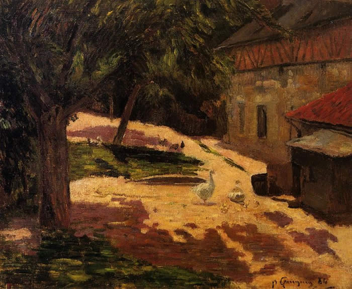 Hens in a farmyard. (orange roofed henhouse and trees). Paul Gauguin