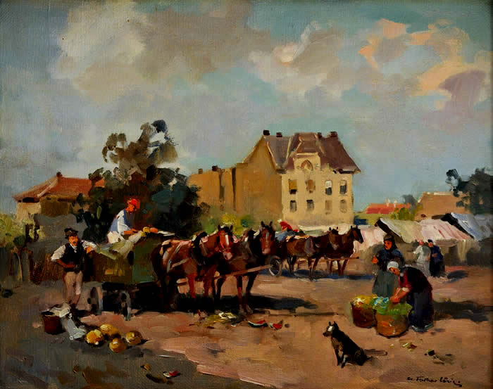 Busy market scene with horses and wagons